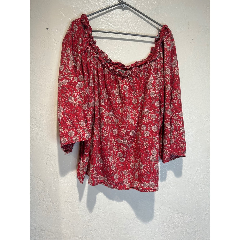 St. Johns Bay Red‎ Floral Off Shoulder Peasant Blouse Plus 1X Cotton Rayon 3/4